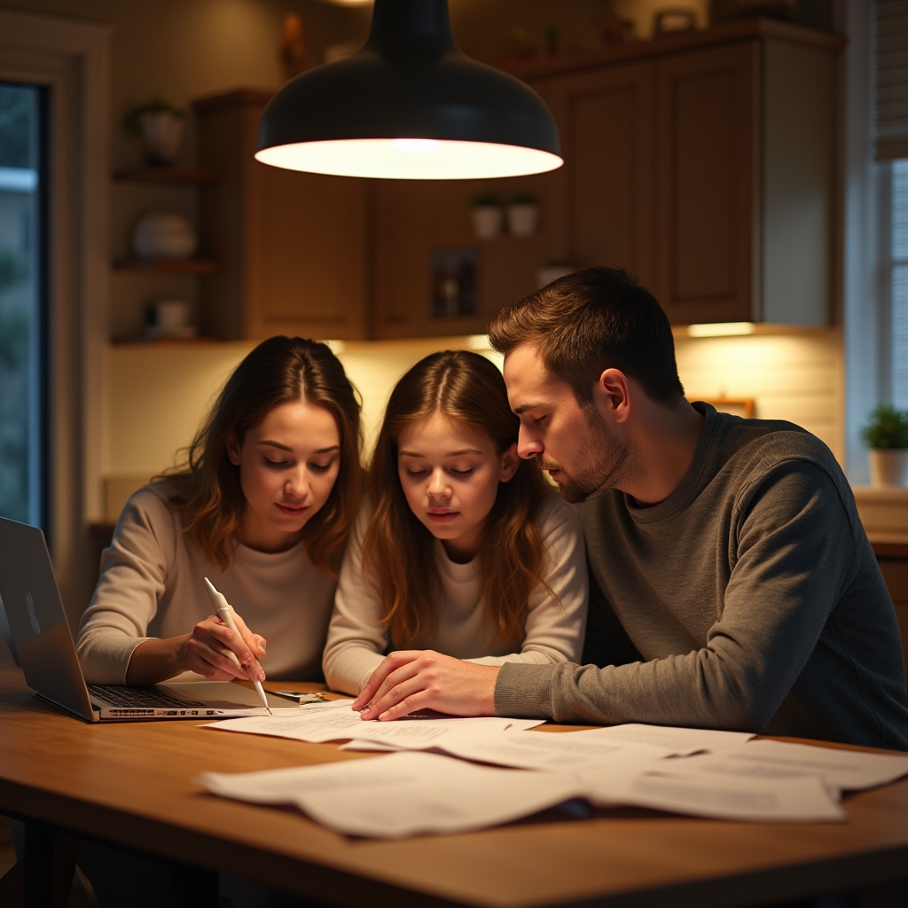 Familie discutând bugetul lunar la masa din bucătărie, atmosferă calmă și caldă